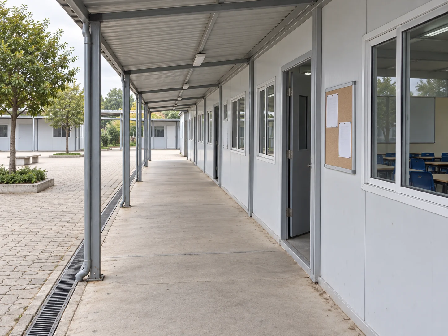 Covered pedestrian connection alongside modular classrooms