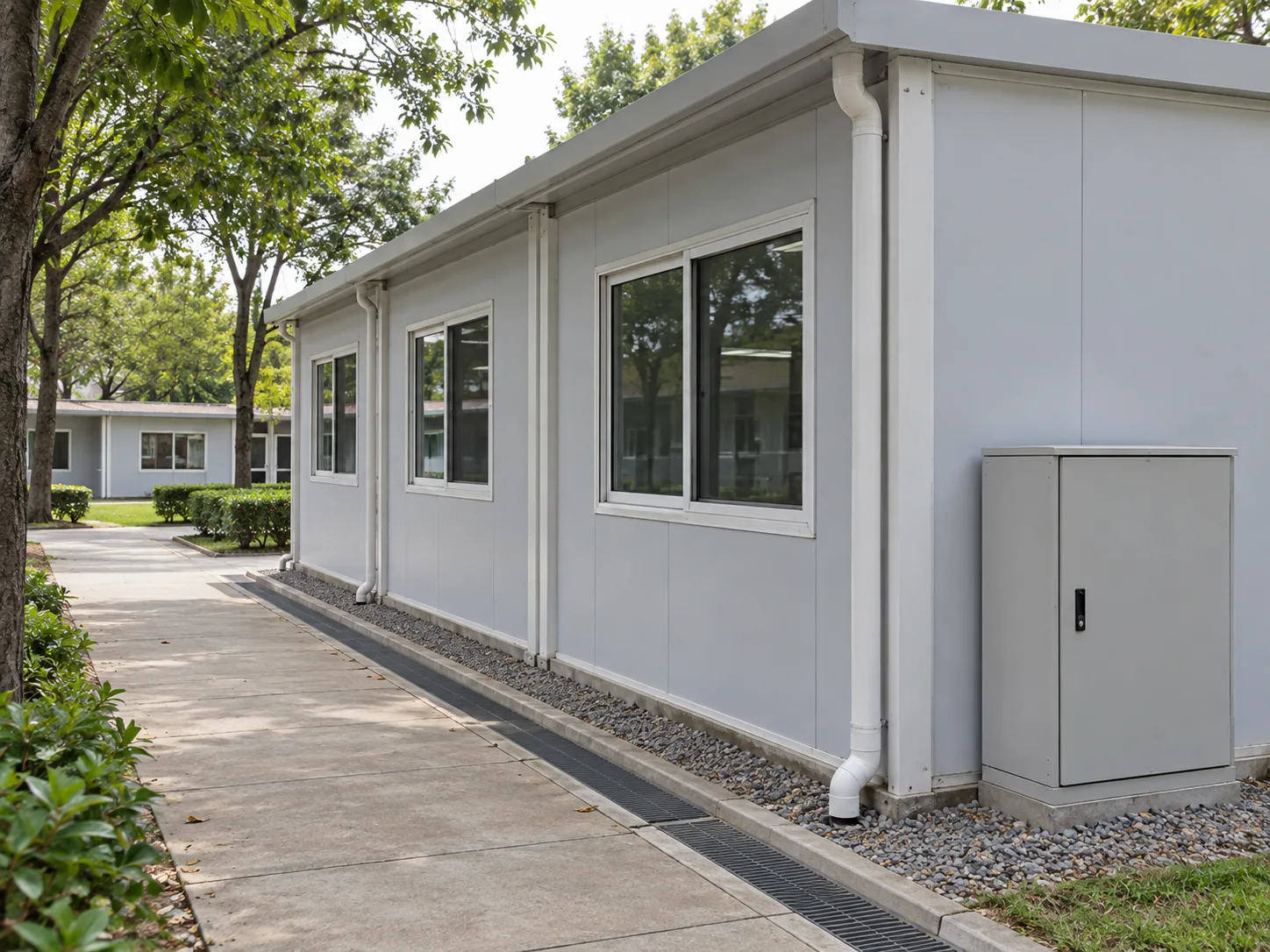 Modular classroom beside a paved path, drainage edge and service cabinet