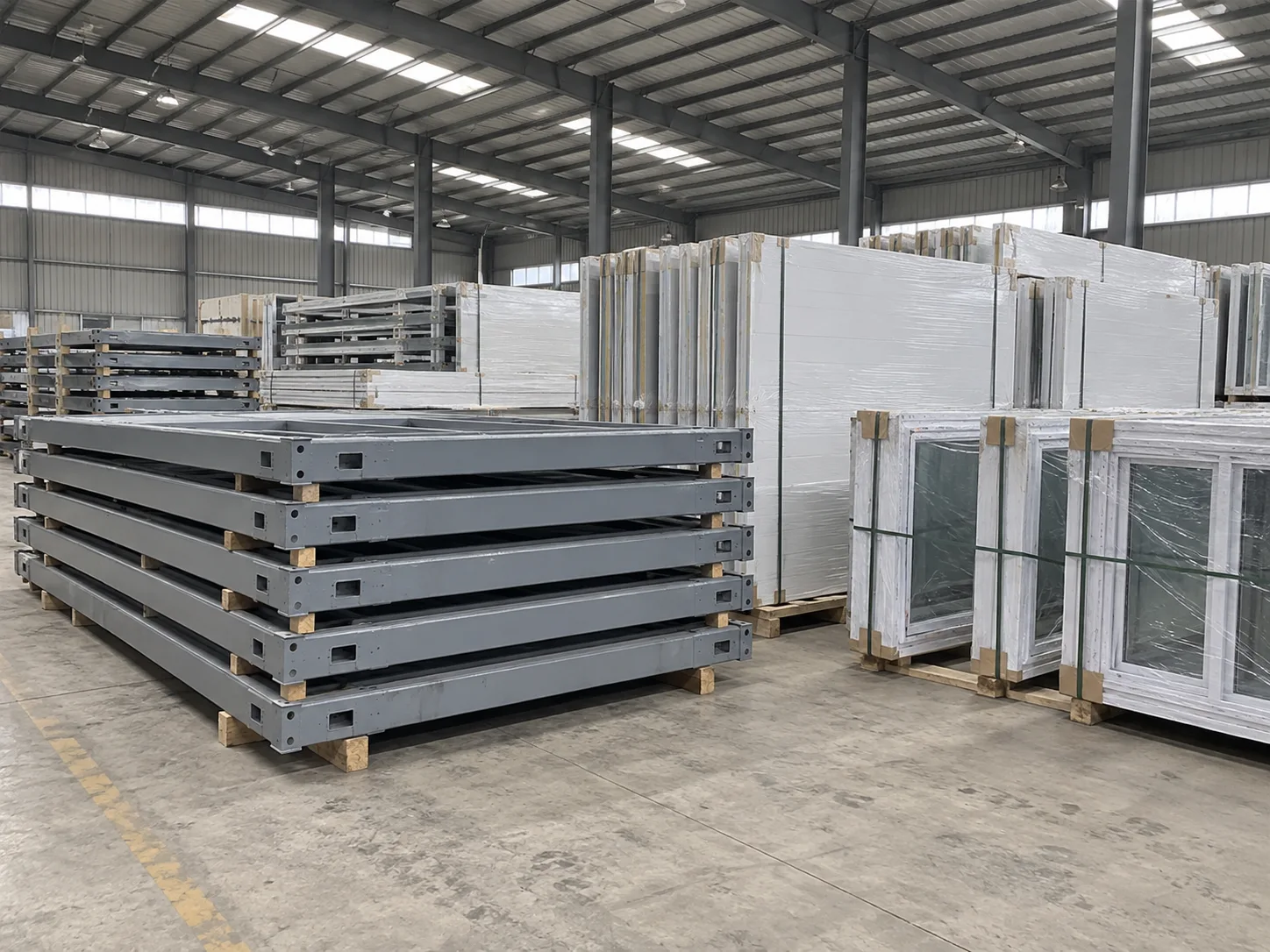 Protected modular building components prepared for dispatch