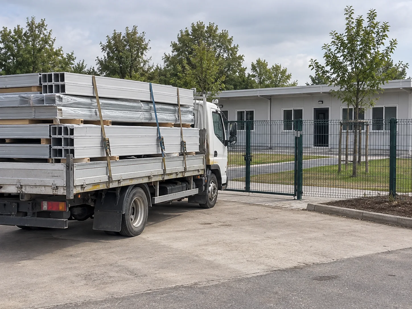 Secured building components arriving at a separated school preparation area