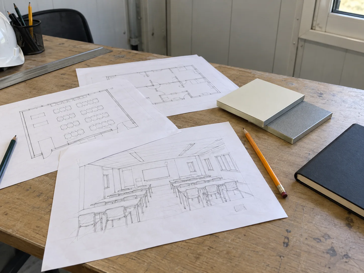 Classroom layout sketches and material samples on a project desk