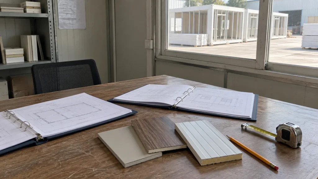 Illustrative project drawings and material samples on a prefab factory planning table