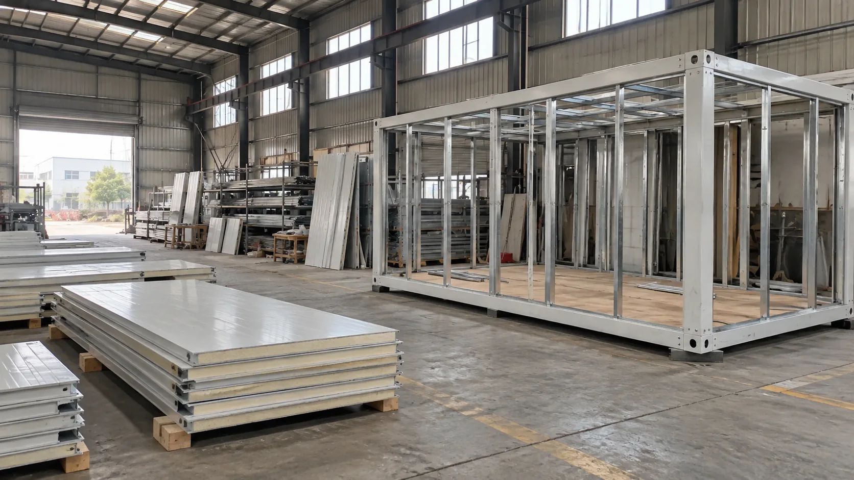 Illustrative prefab workshop with a partly assembled frame and safely stored wall panels