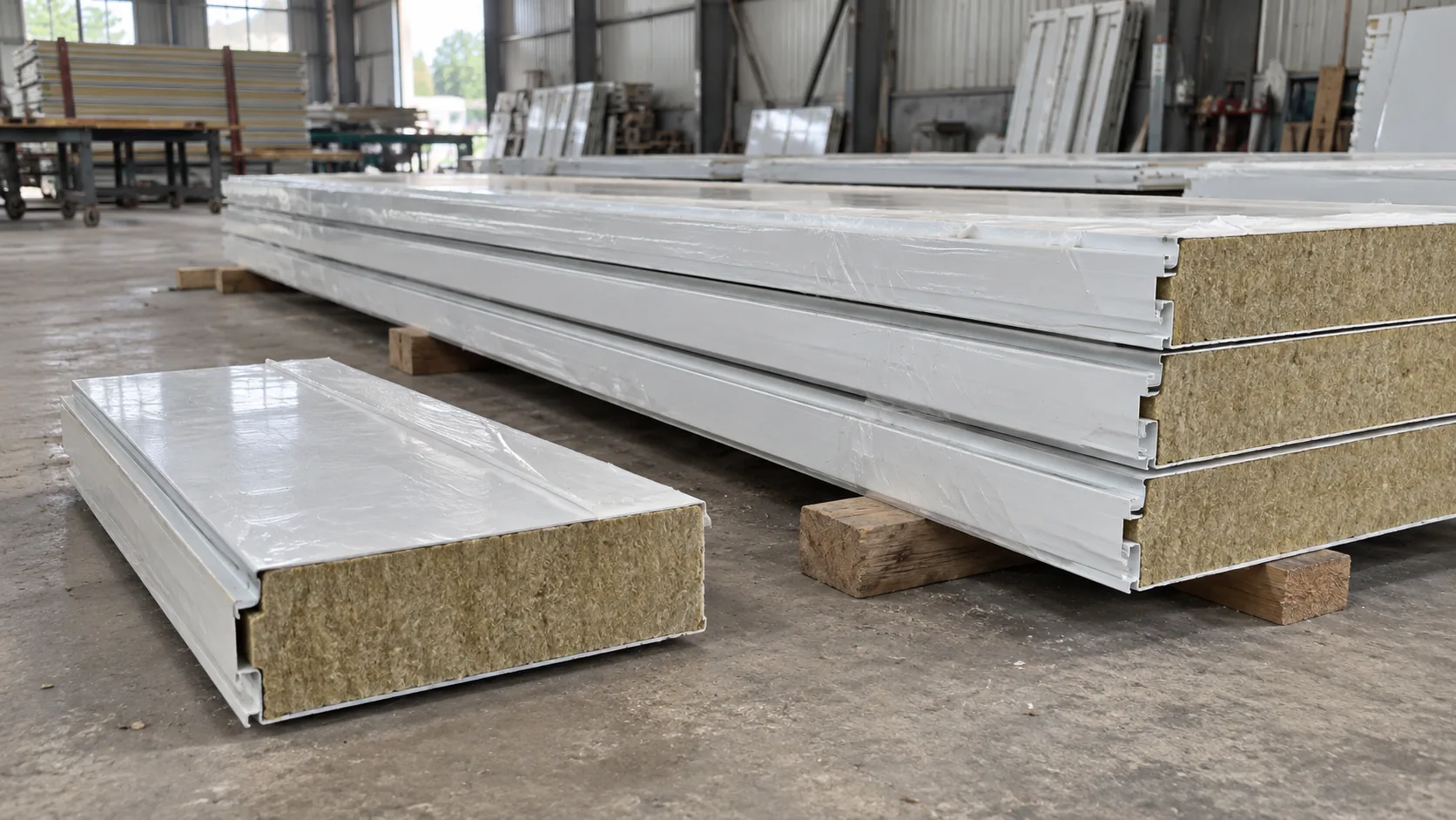 Illustrative sandwich panels and an exposed panel offcut prepared for material review
