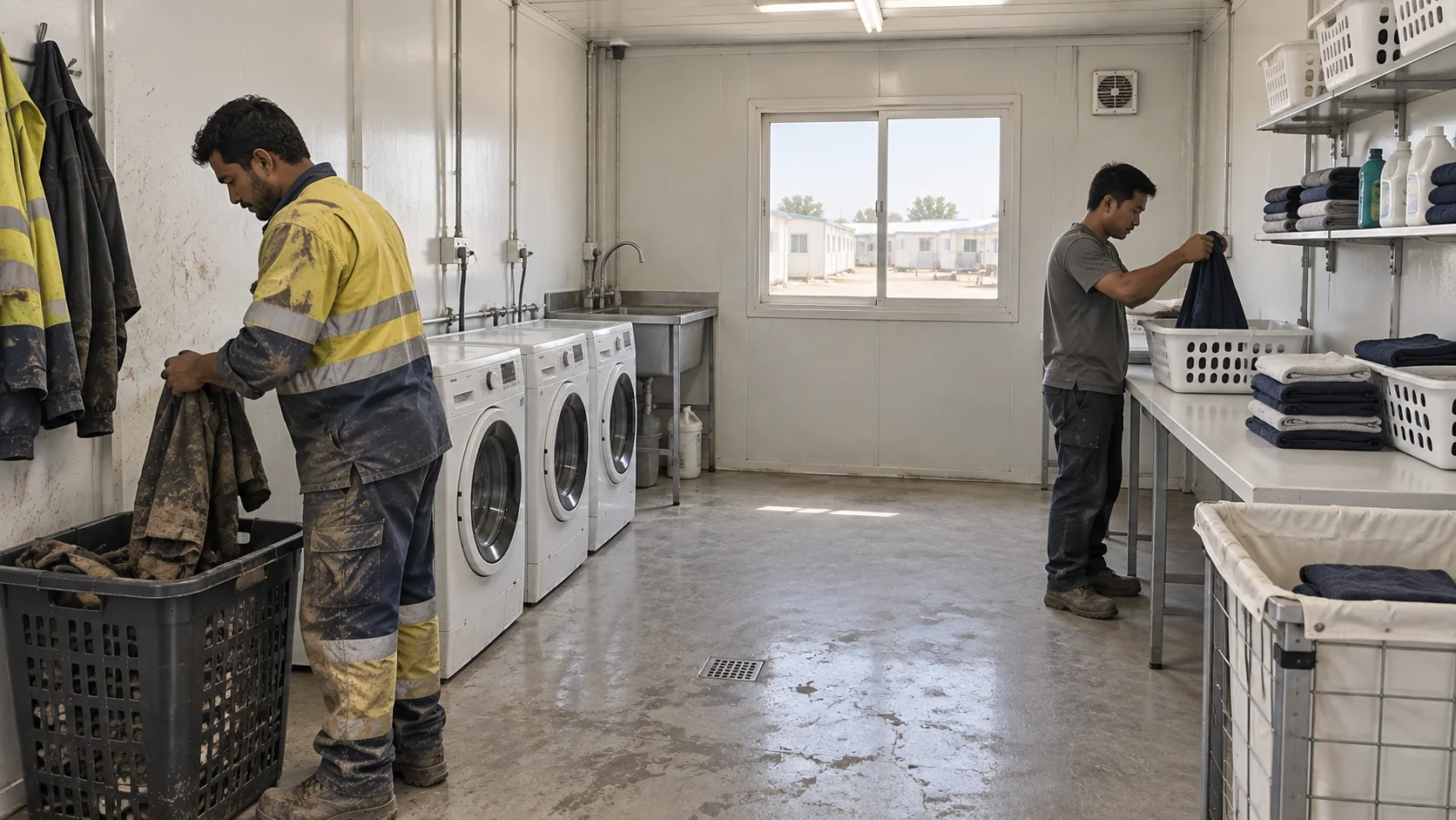 Illustrative worker camp laundry with separate workwear intake and clean personal-laundry collection