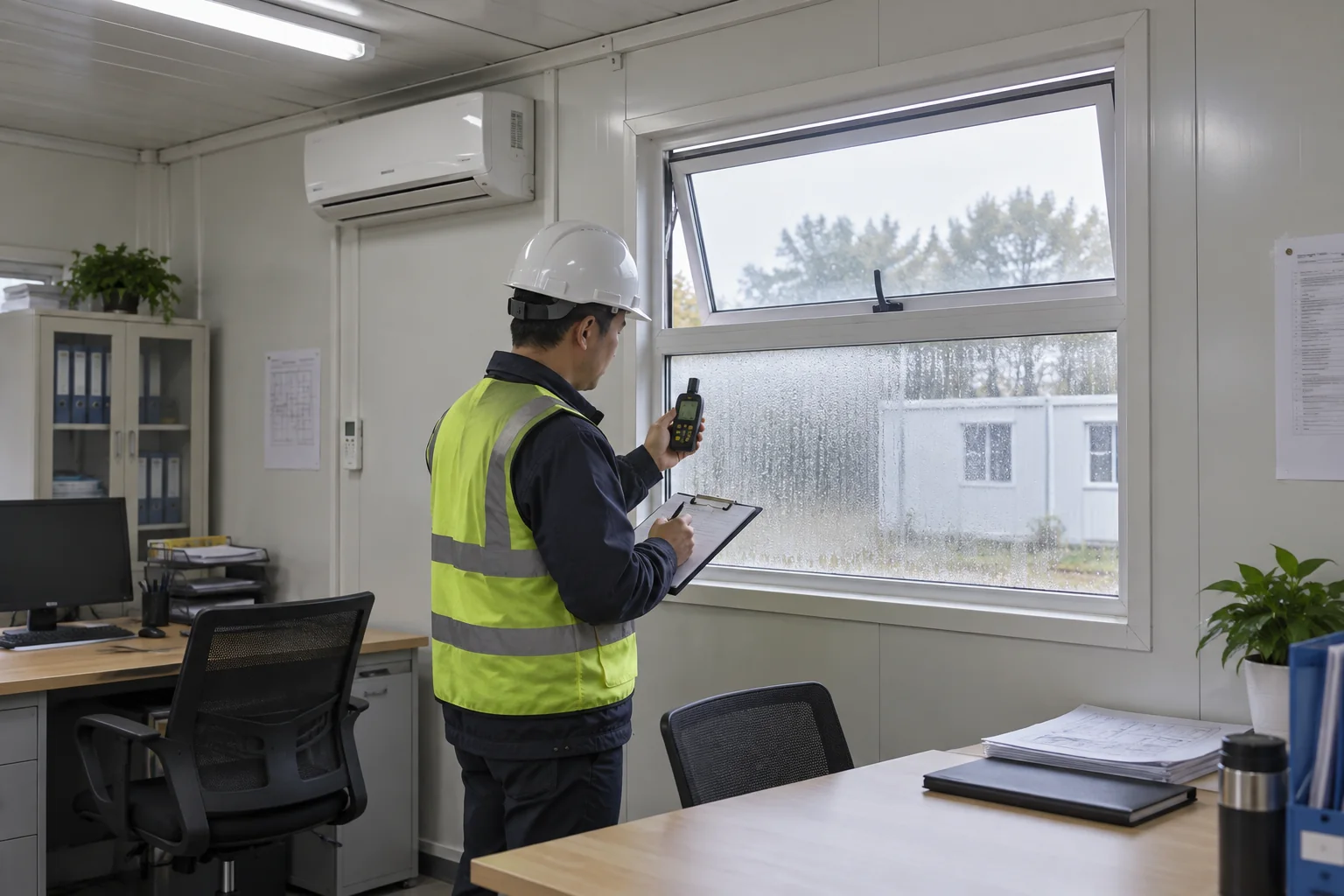Illustrative technician recording humidity and conditions beside a misted flat-pack office window