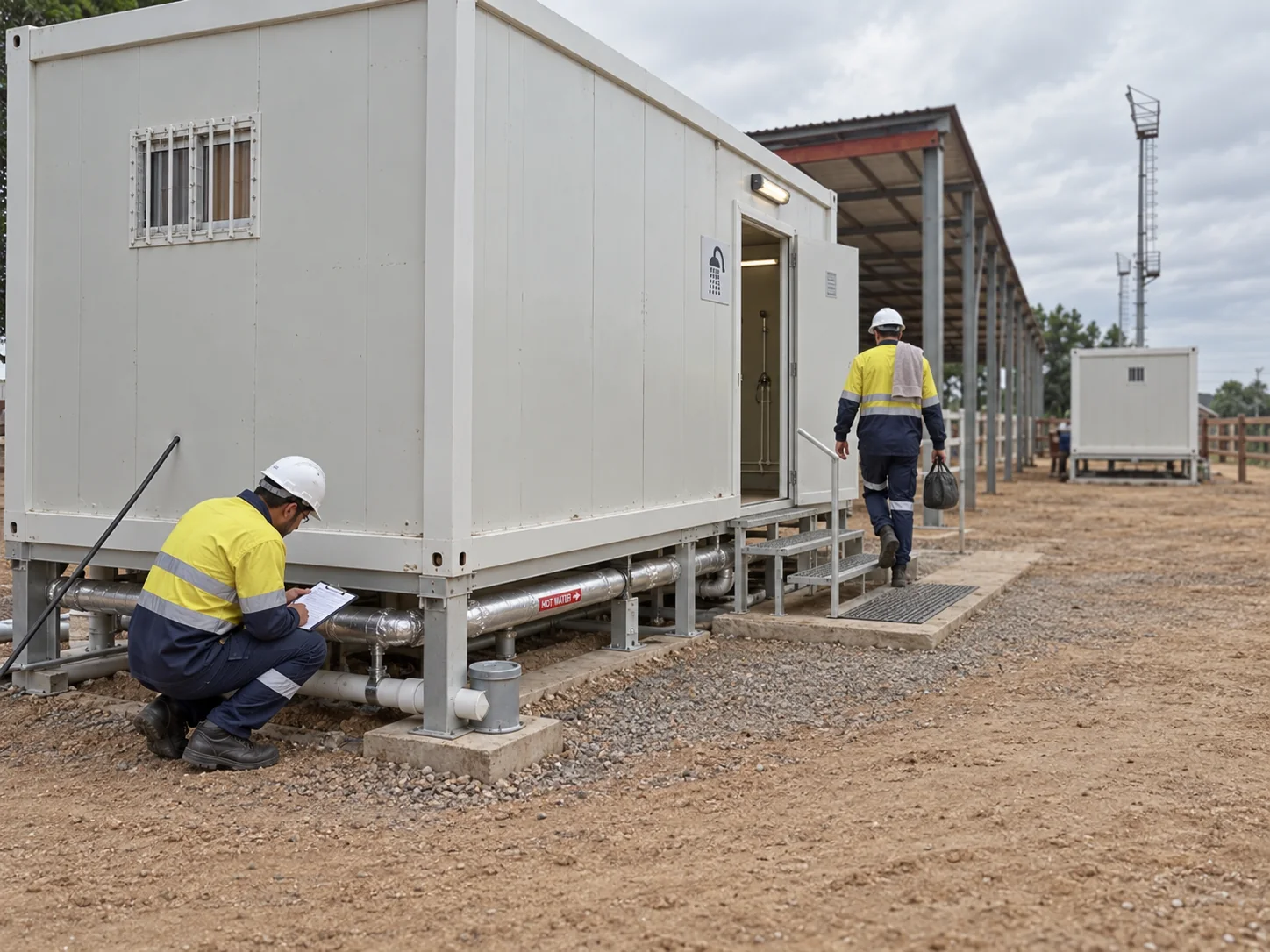 Illustrative worker checking the shower block drain and effluent connection at a camp site
