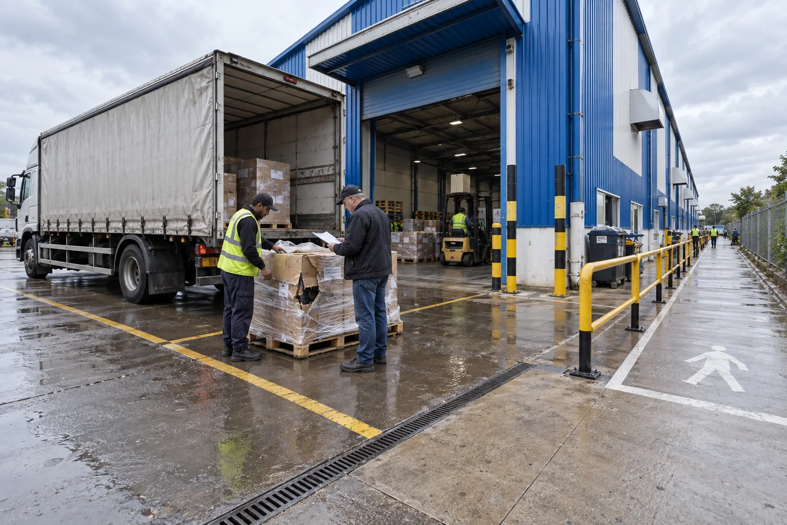 Illustrative delivery crew checking a rejected pallet beside a prefab warehouse goods door