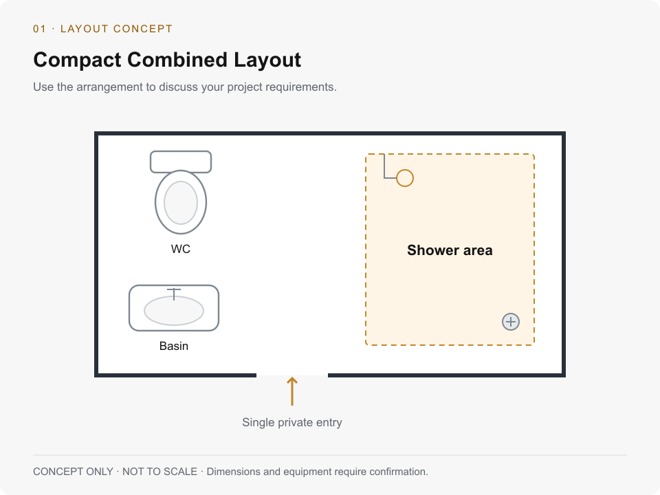 Concept layout showing WC, basin and shower in one private room