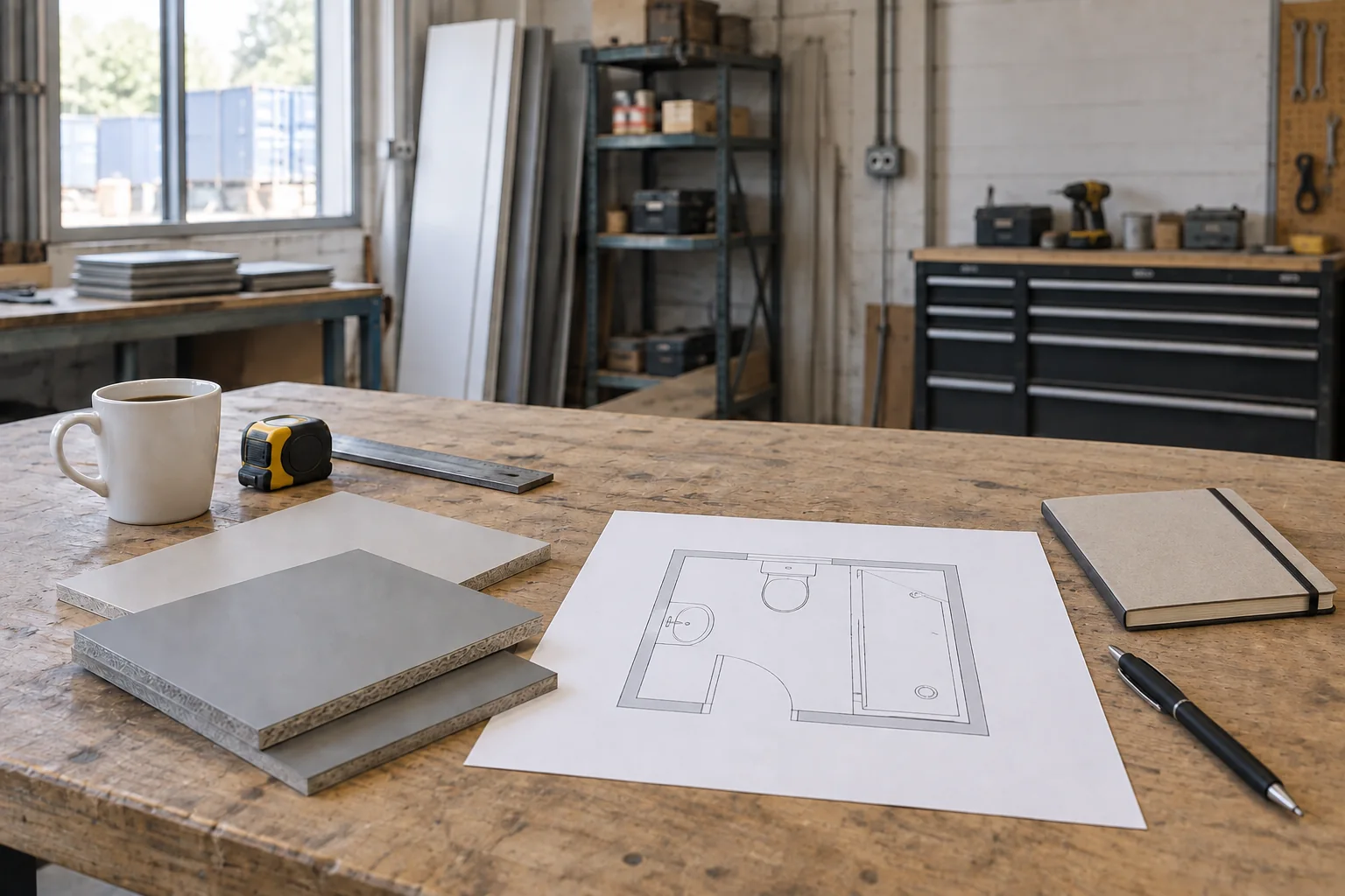Illustrative bathroom configuration and material review