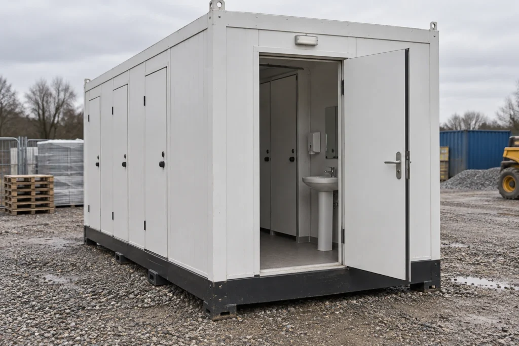 Illustrative scene: Plain portable bathroom block in a gravel site yard