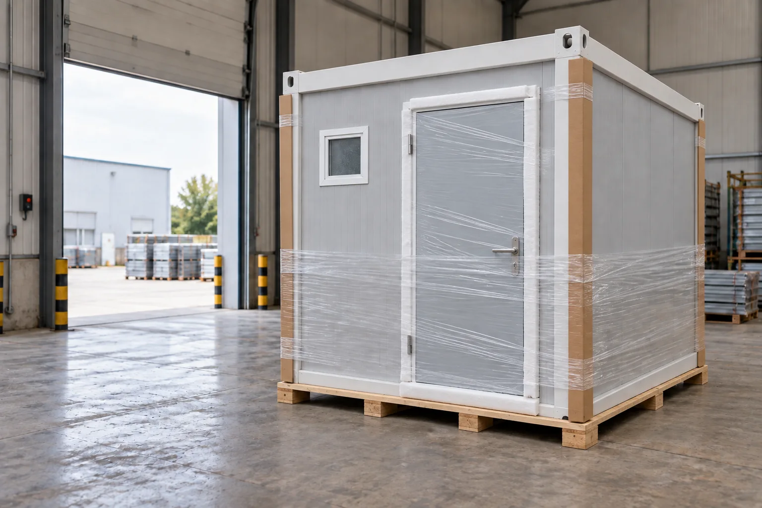 Illustrative bathroom module prepared for transport