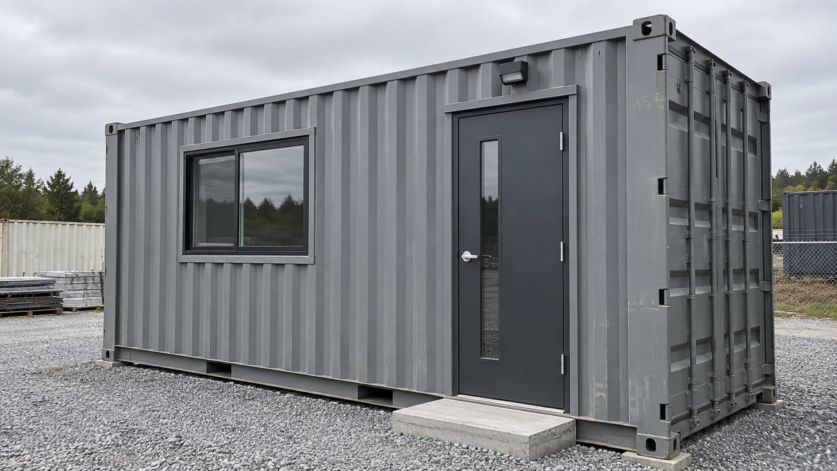 Illustration of a corrugated freight-container conversion with a fitted door and window.