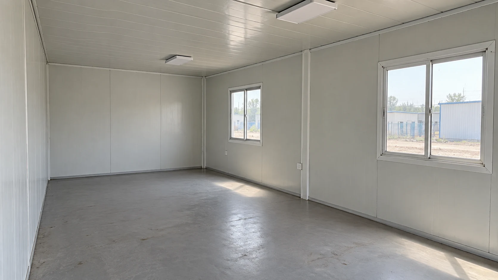 Illustration of an empty prefab room showing wall linings, windows and the clear internal floor area.