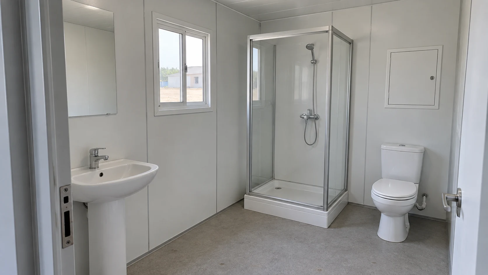 Prefab bathroom illustration with a basin, toilet and shower showing items to define in a fit-out scope.
