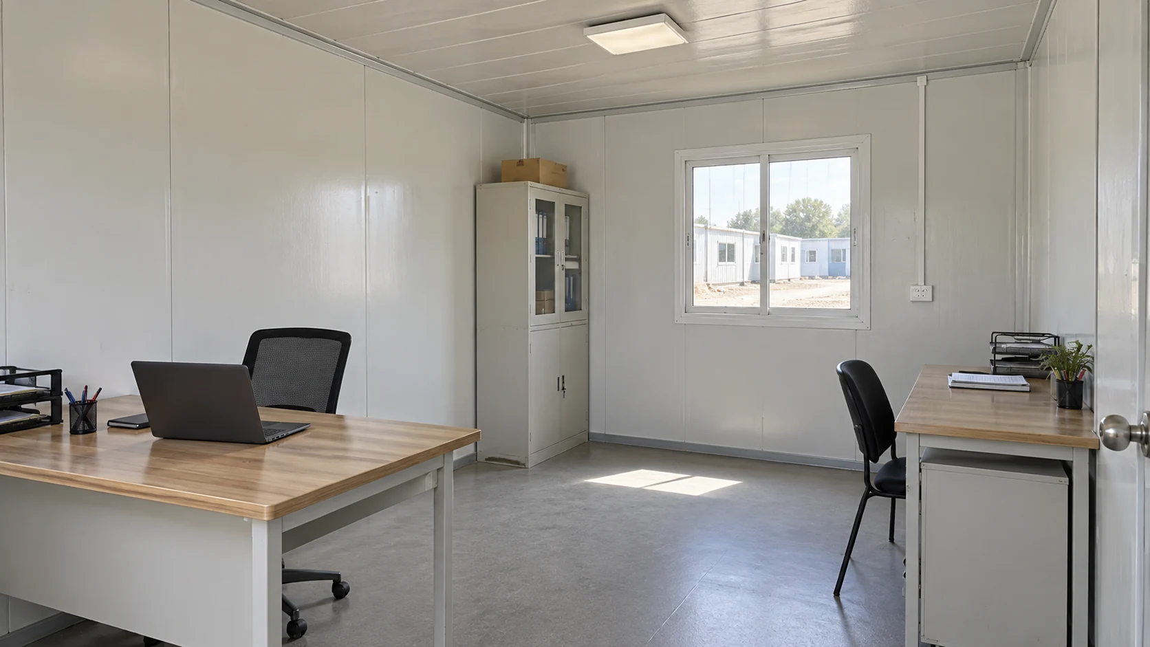 Prefab office illustration with desks, chairs and storage arranged around a clear central aisle.