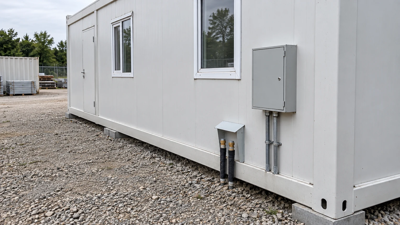 Illustration of protected service connections and a closed service enclosure beside a prefab room.