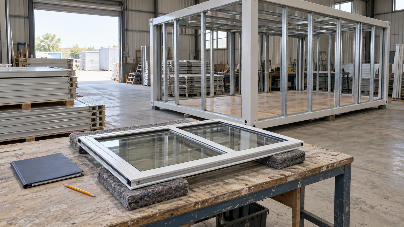 Illustration of a supported window assembly on a factory inspection workbench.