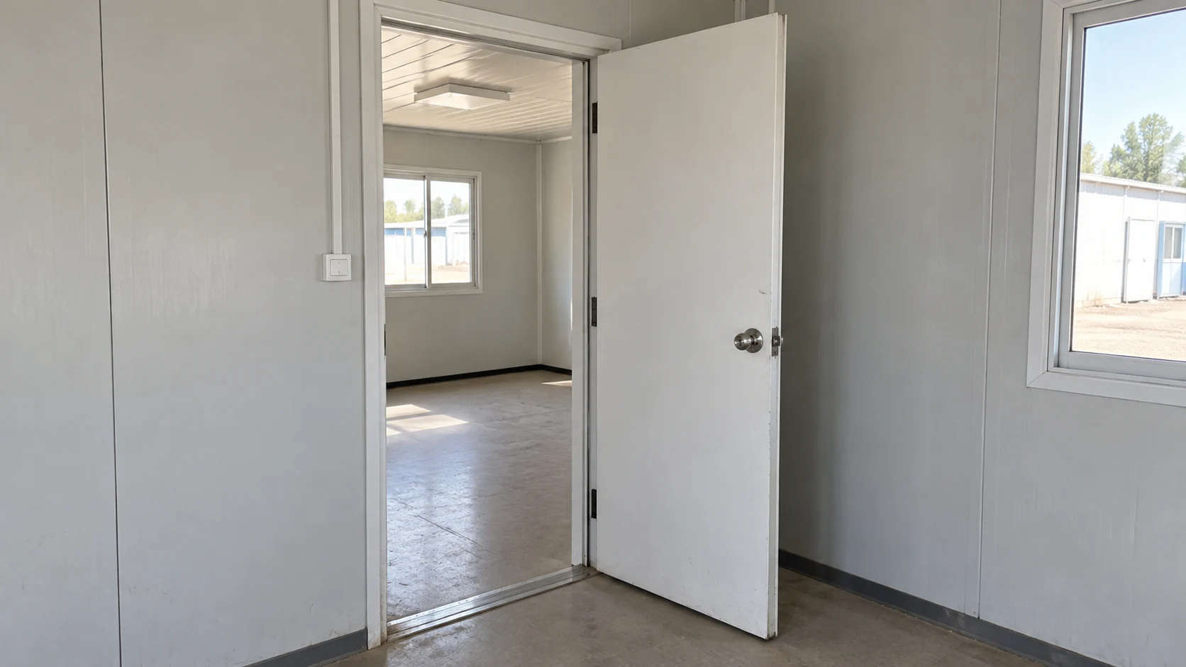 Illustration of a partly open prefab room door showing its frame, hinges and opening direction.