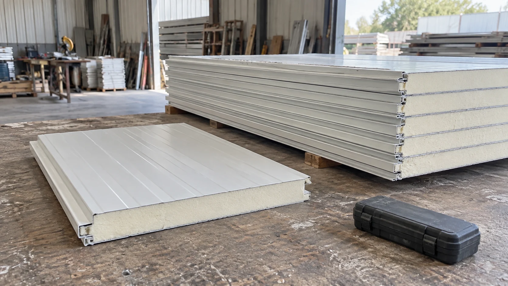 Illustration of an insulated panel sample beside a panel stack for a material identity discussion.