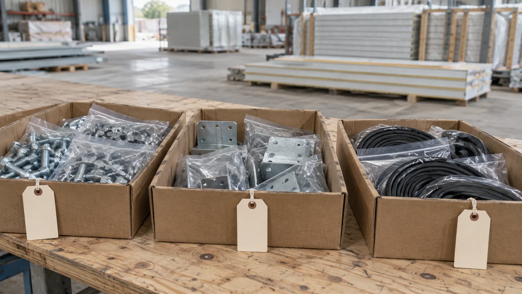 Illustration of separate cartons containing bagged brackets, fasteners and seals for a prefab order.