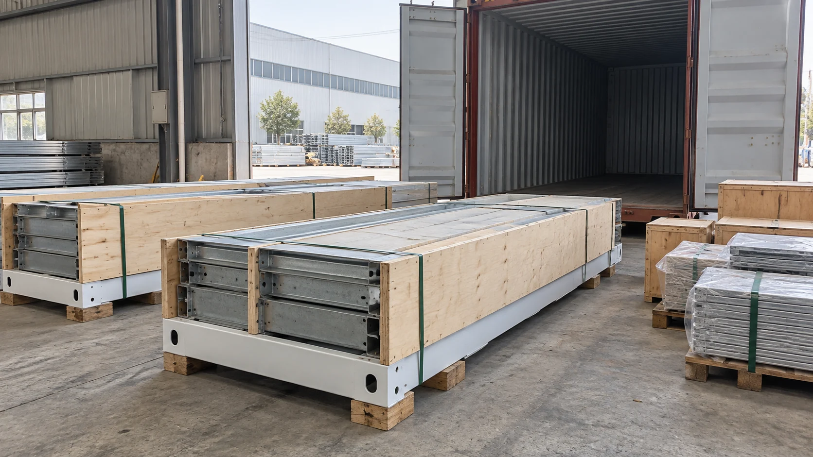 Illustration of protected component bundles staged beside a freight-container doorway.