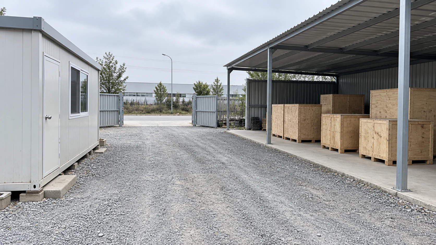 Illustration of a clear receiving lane with protected crates under a storage canopy.
