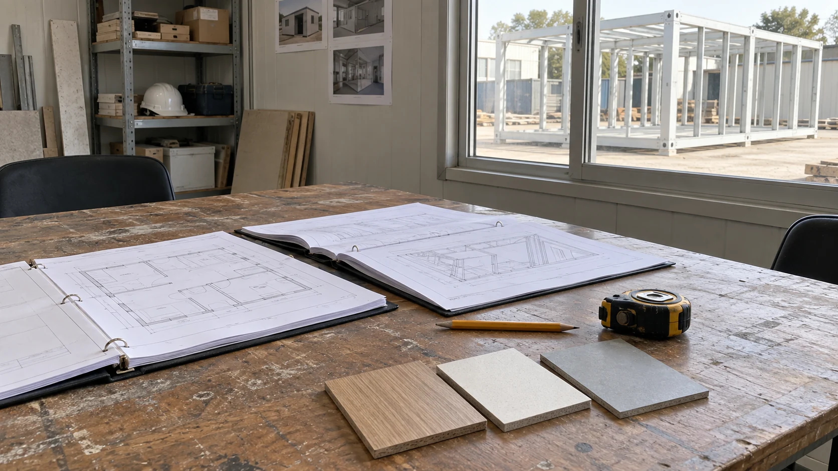 Illustration of room drawings, material samples and project folders on a factory worktable.