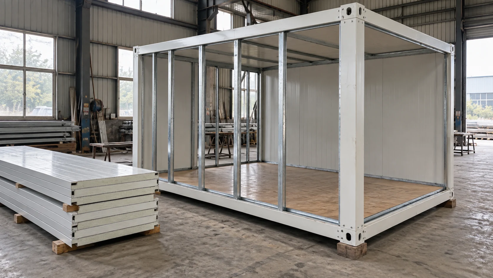Illustration of a partly assembled prefab frame with panel components staged nearby.
