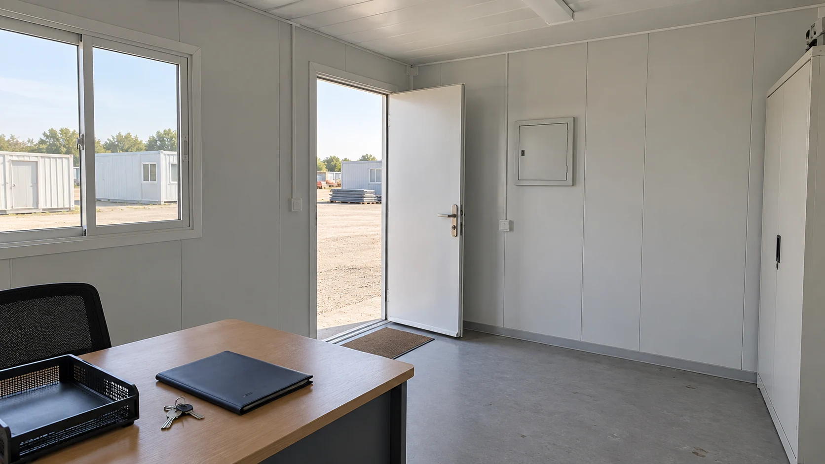 Illustration of a prefab office entrance with keys and a handover folder.