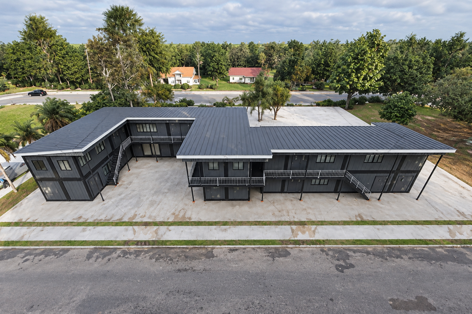 Aerial design visualization of a two-storey modular office layout