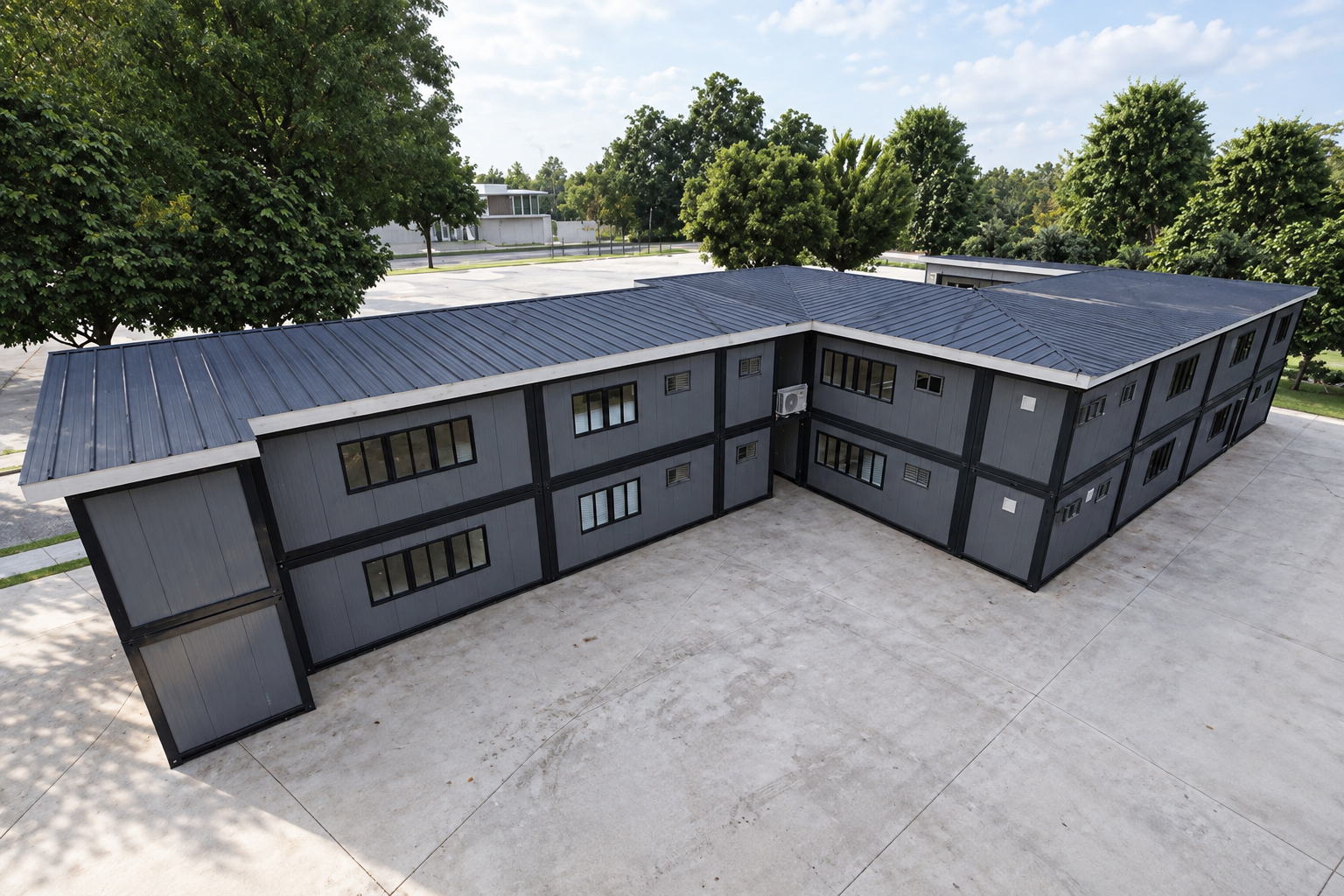 Design visualization of the modular office roof and two-storey layout
