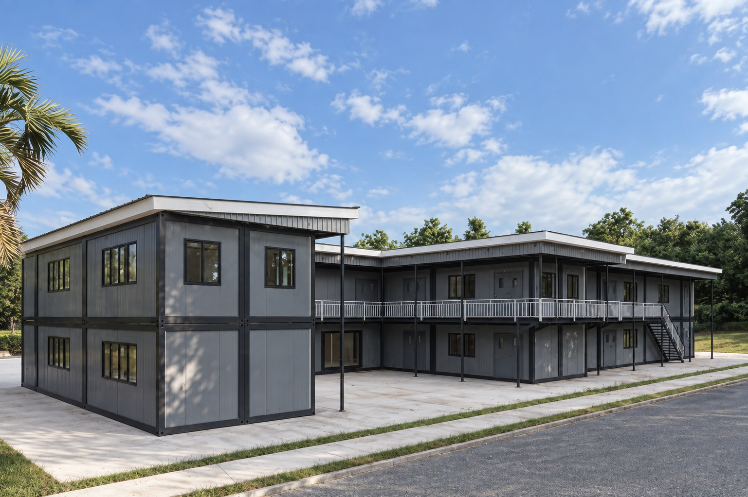 Perspective design visualization of the proposed modular office exterior
