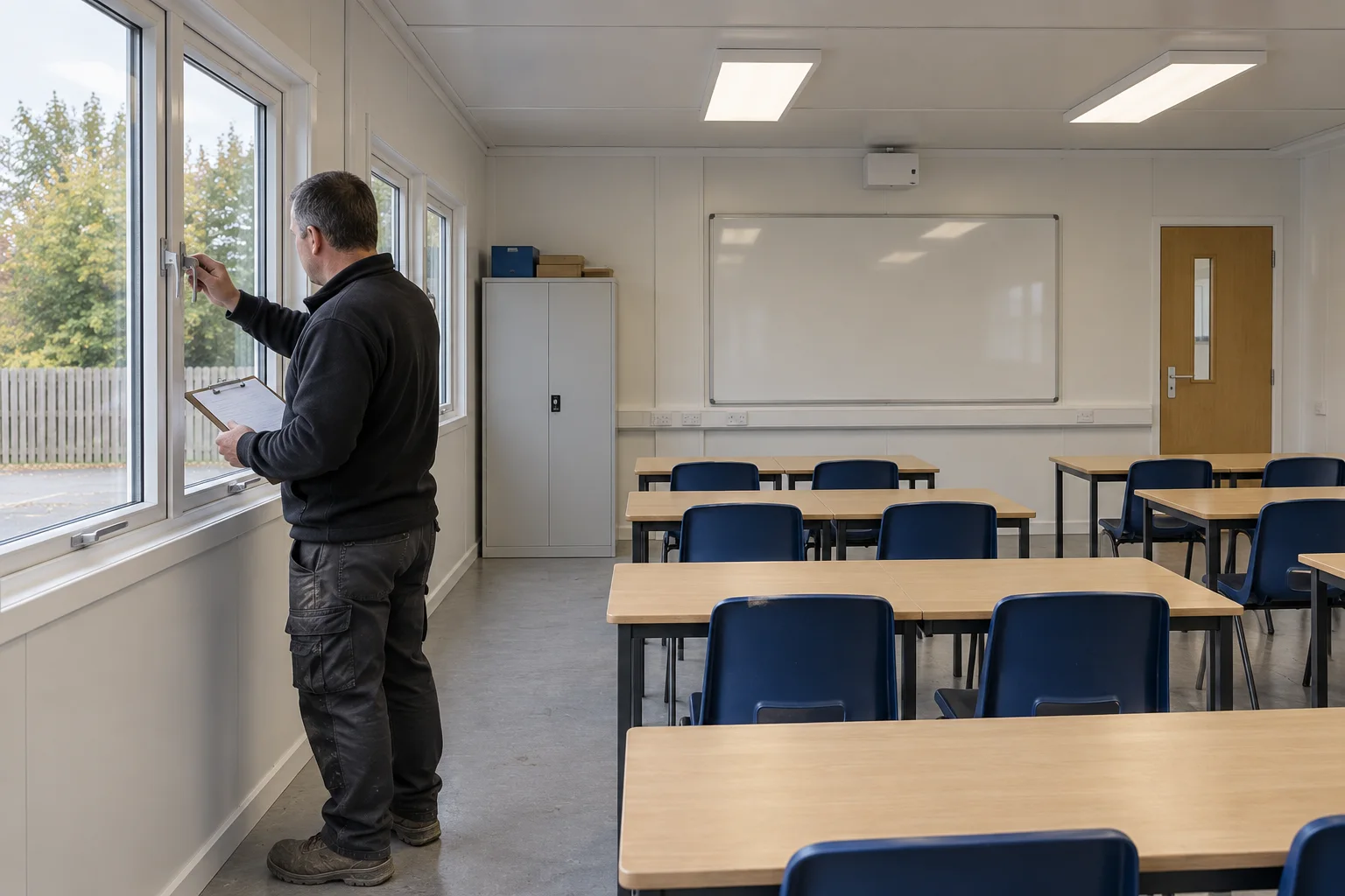Facilities staff checking a classroom window before the room enters use