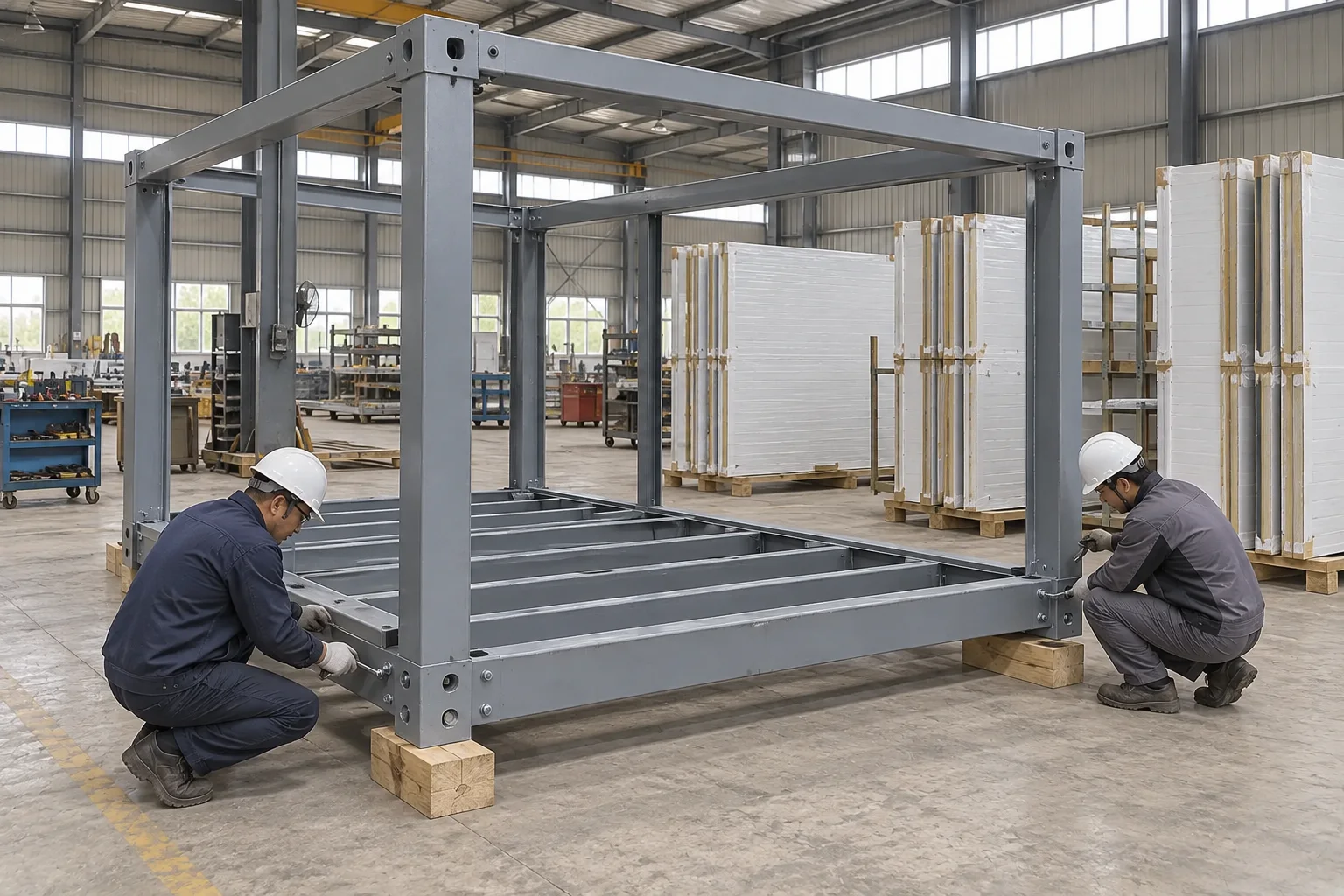Factory workers checking the connections on a classroom module frame