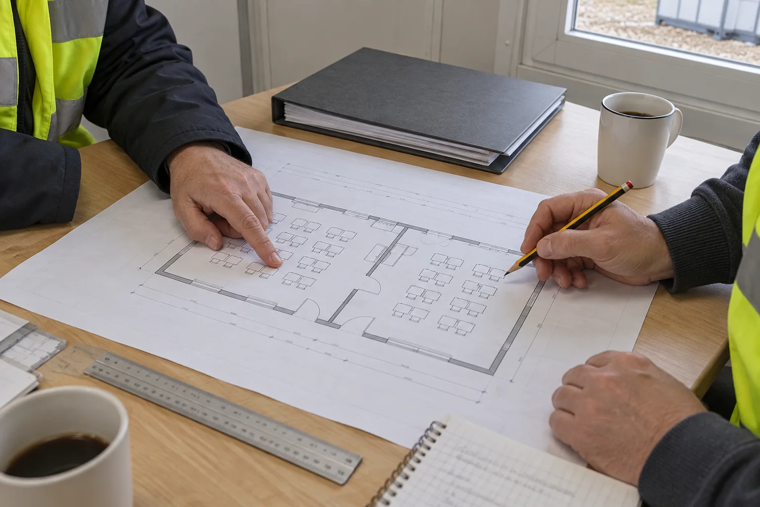 Project staff reviewing a classroom floor plan at a work table