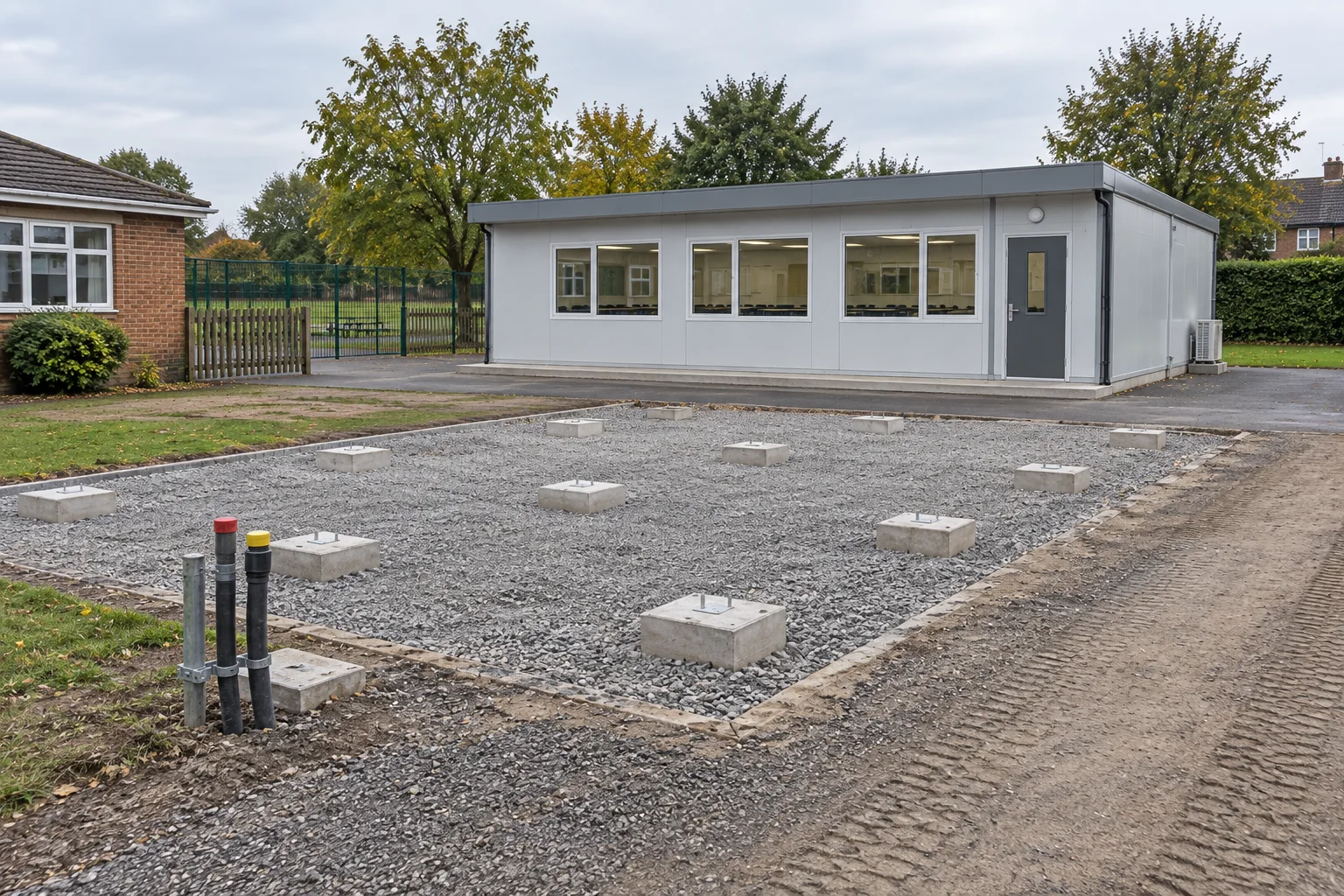 Prepared concrete supports and service connections beside a modular classroom