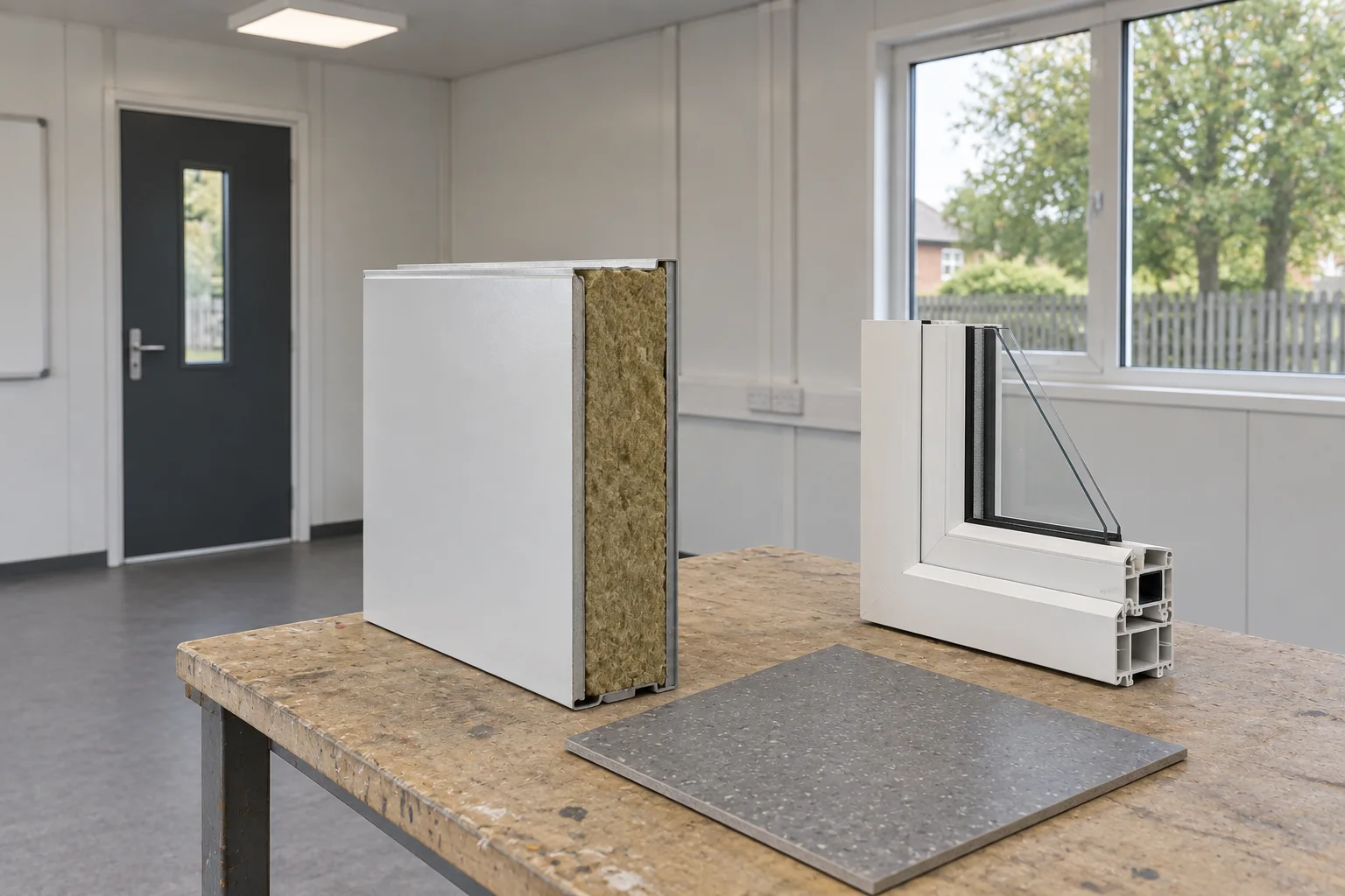 Wall panel, window frame and floor-finish samples for a modular classroom