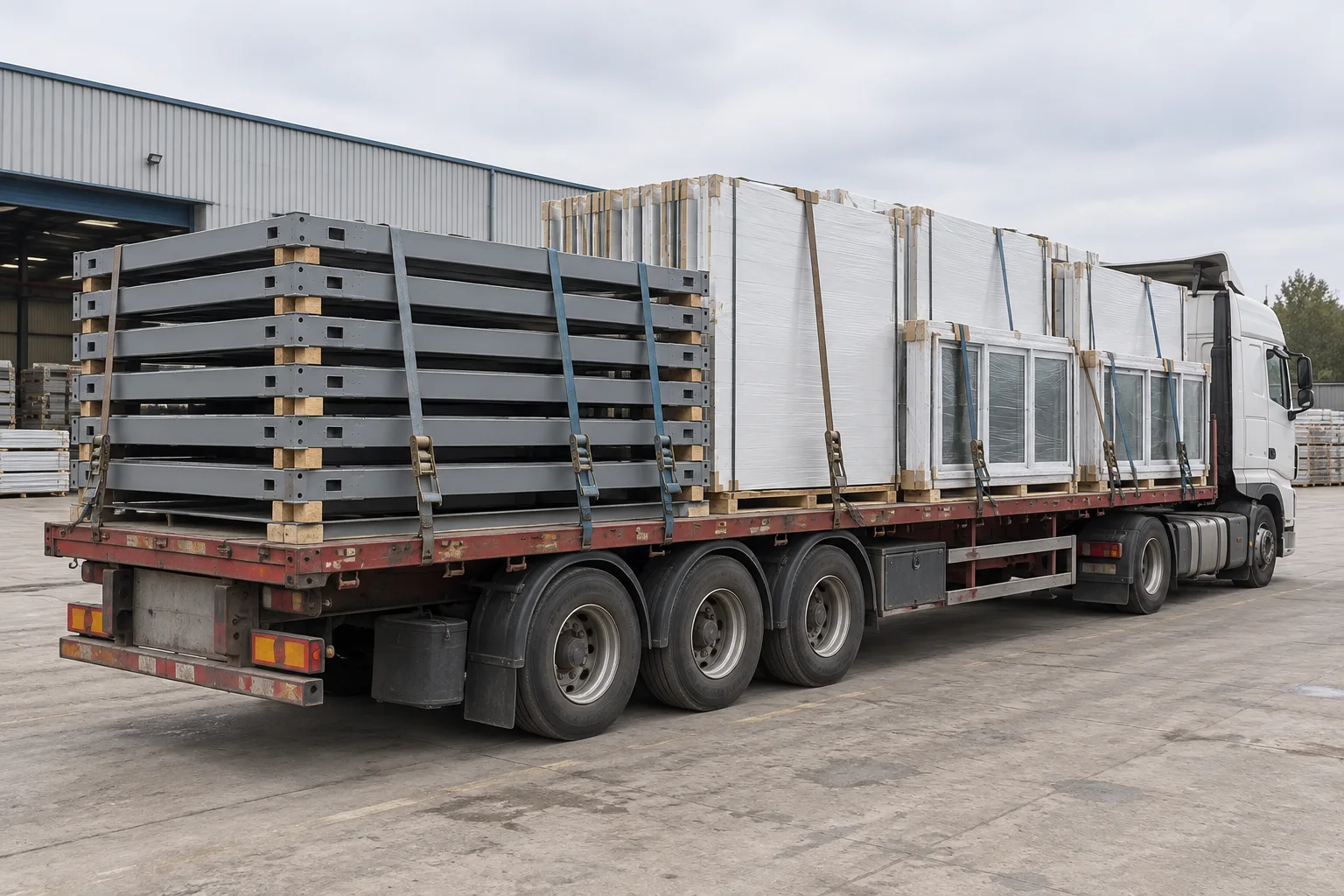 Secured flat-packed classroom frames and panels on a transport truck
