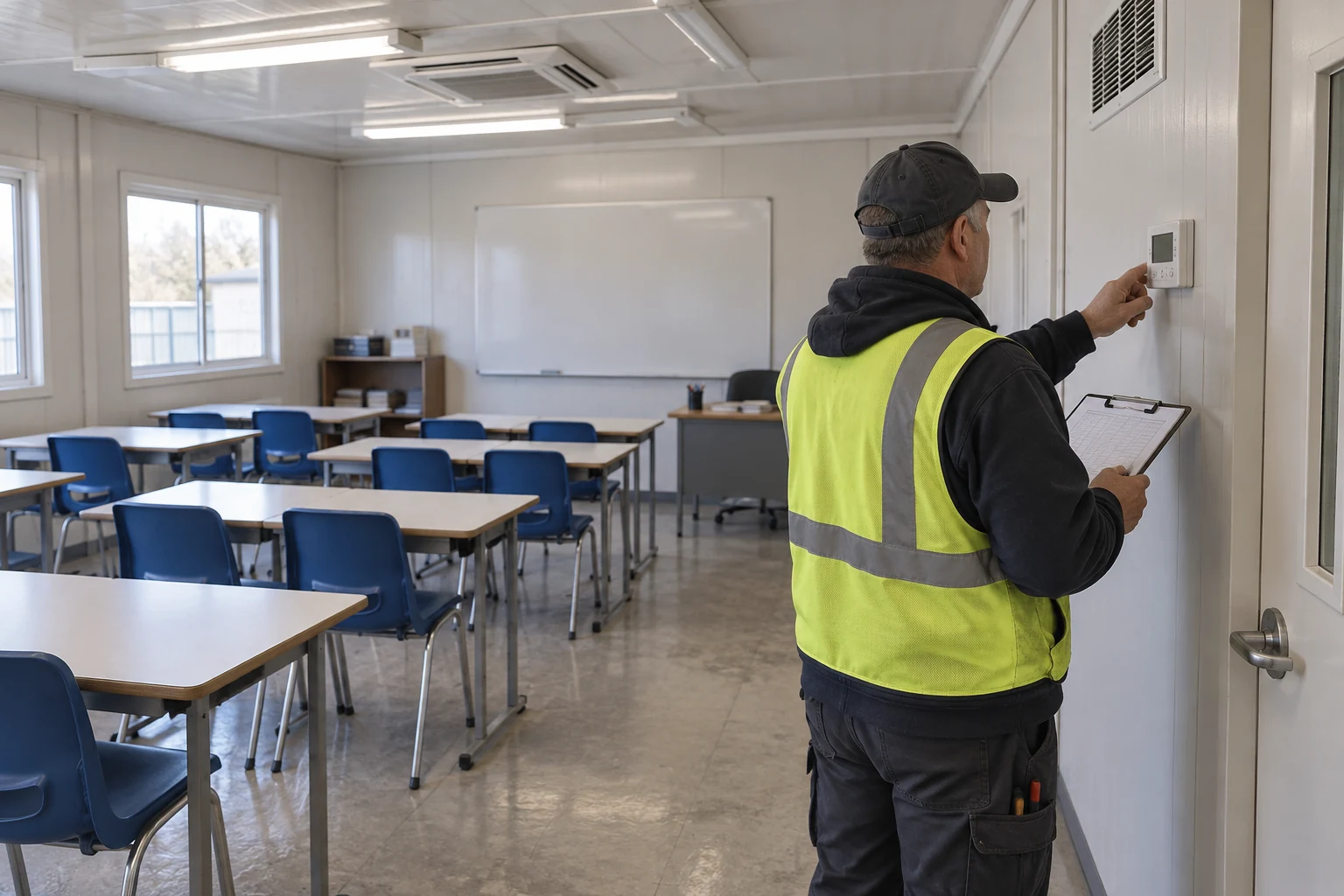 Illustrative worker logging an occupied classroom thermostat setting