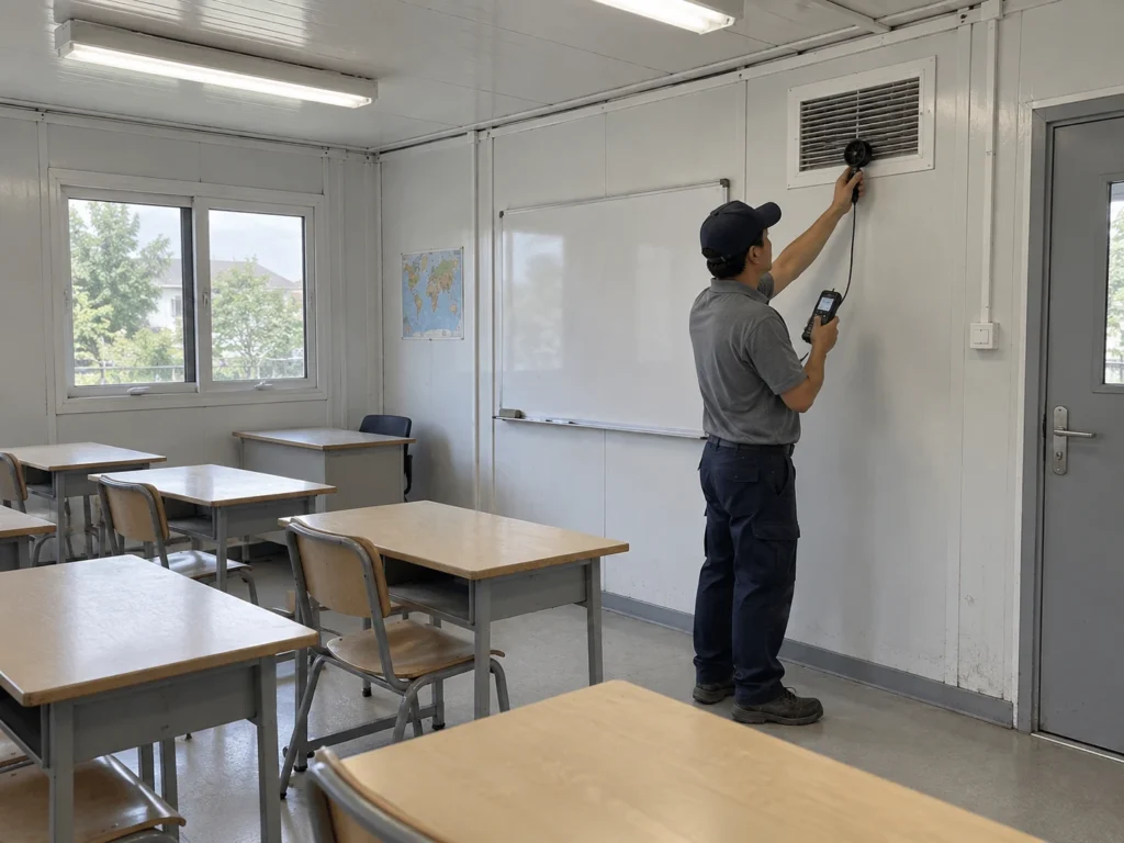 Illustrative facilities worker checking a modular classroom air return after handover