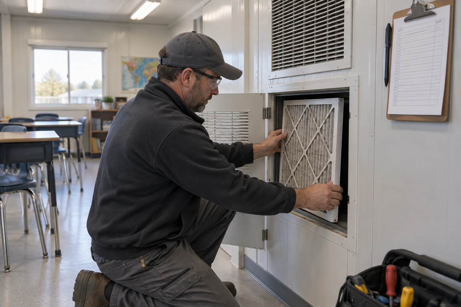 Illustrative maintenance access to a classroom HVAC filter