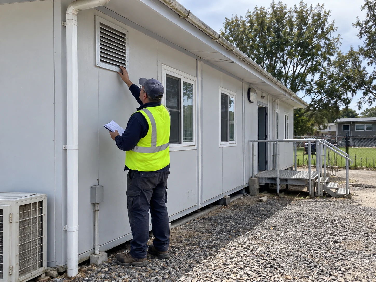 Illustrative outdoor air intake inspection beside a modest modular classroom