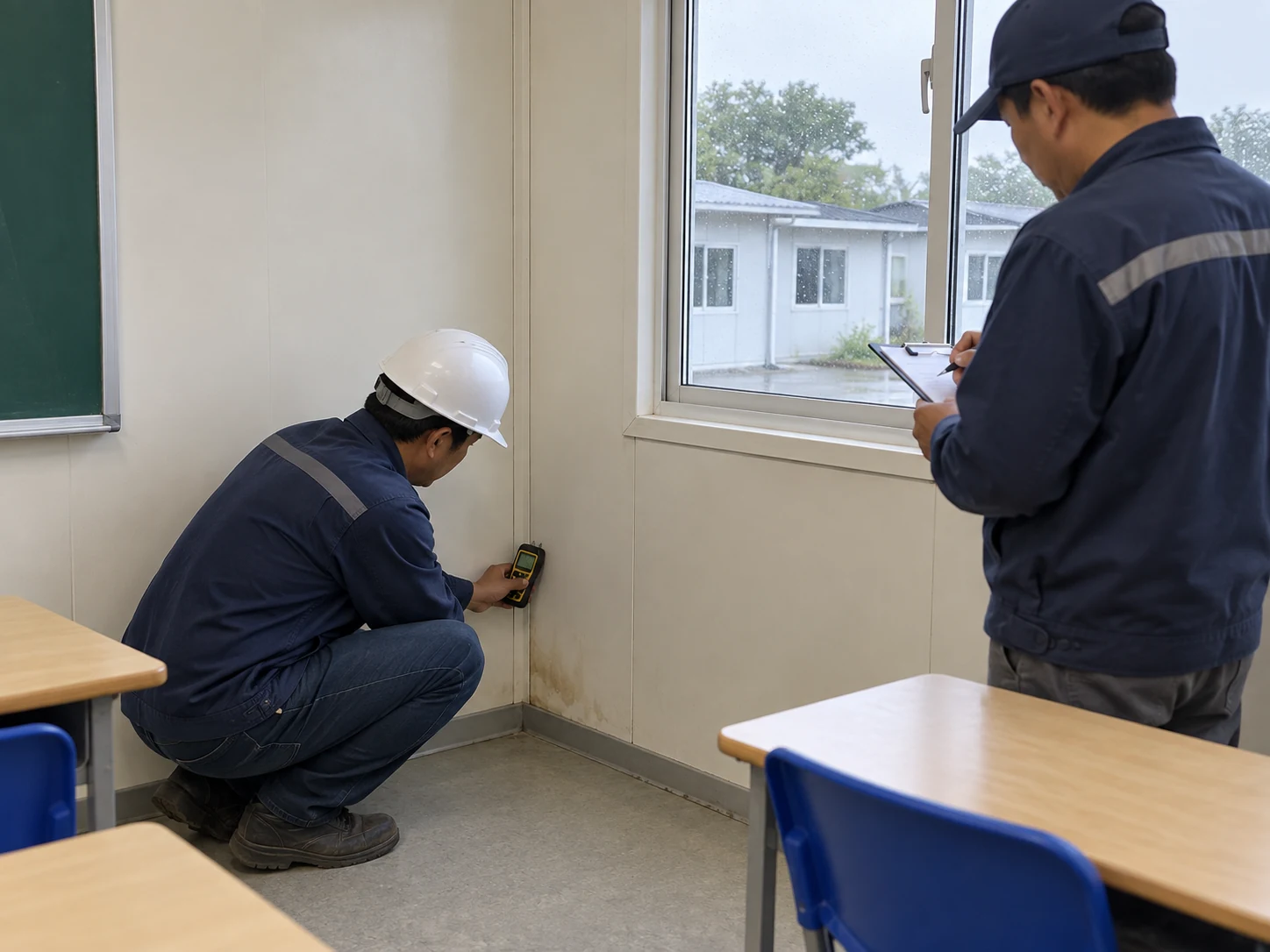 Illustrative inspection of moisture near a modular classroom window