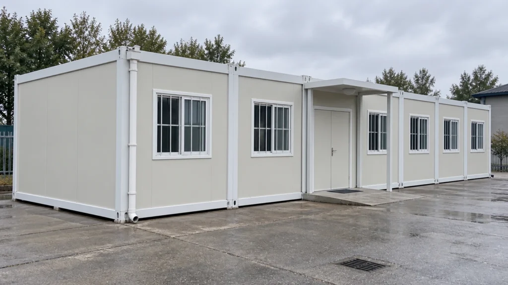 Modest modular clinic exterior with plain panels, windows and a covered entrance