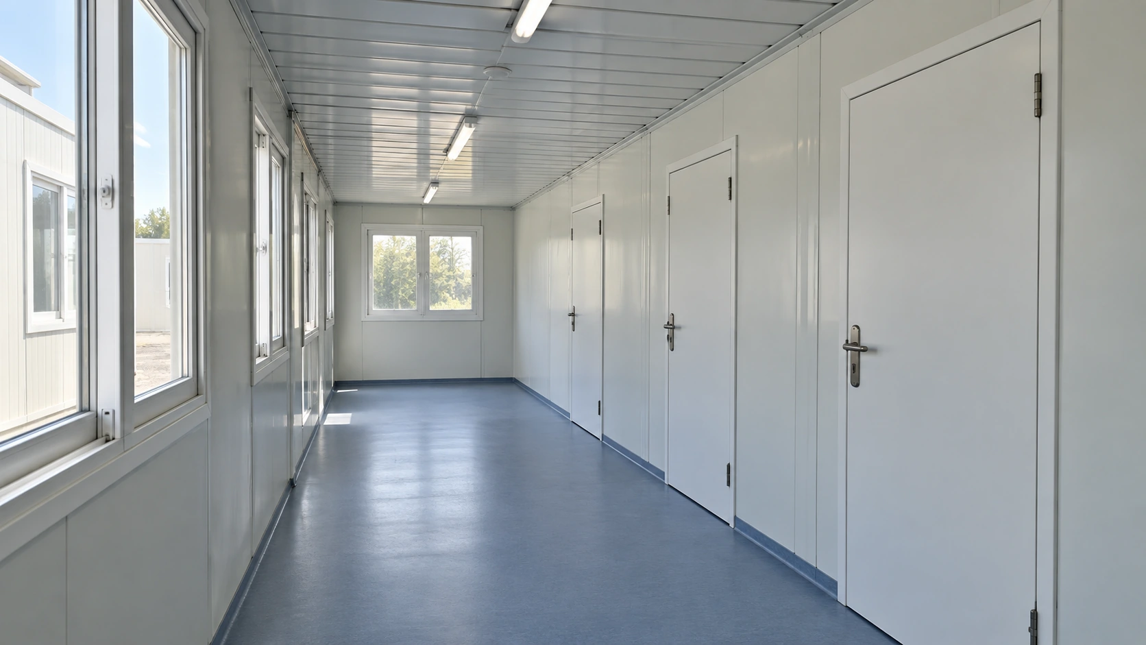 Clear modular clinic corridor with closed room doors and windows