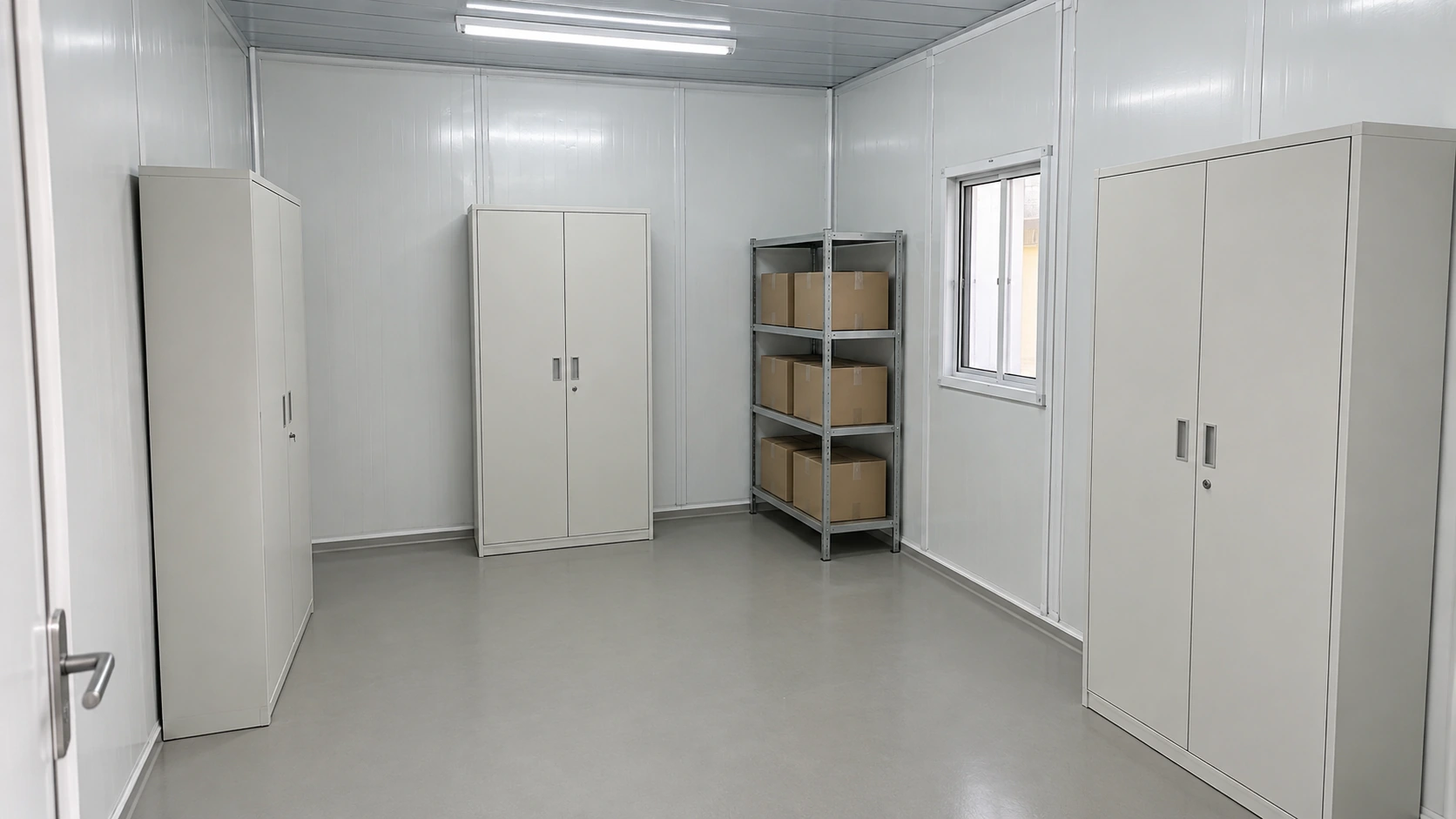 Simple modular clinic storage room with closed cupboards and unused boxed supplies