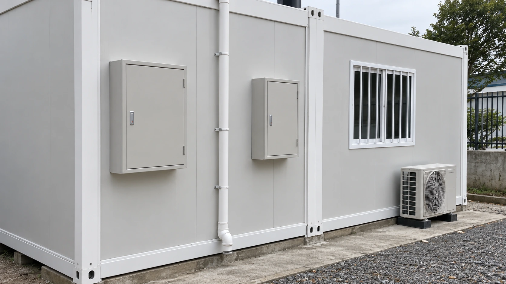 Modular clinic exterior service wall with closed access cabinets