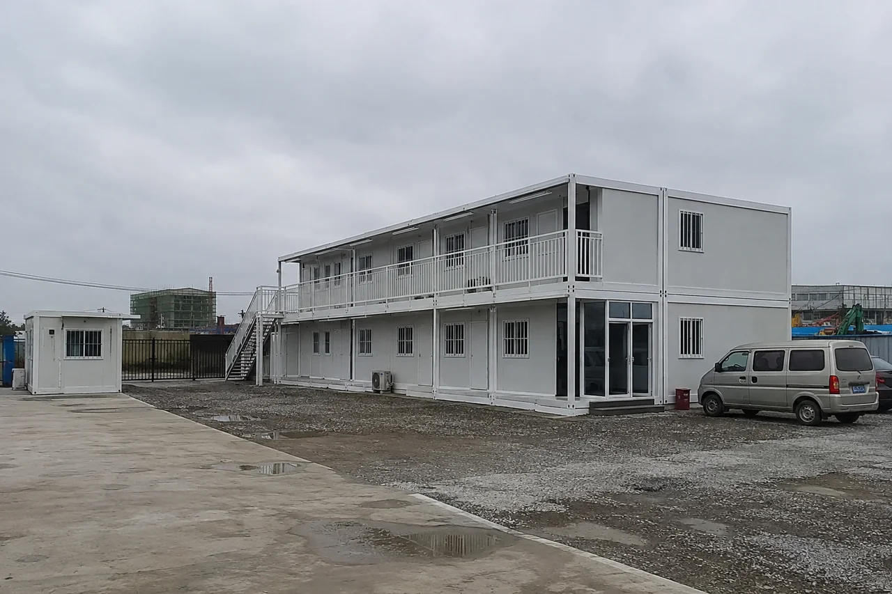 Illustrative two-storey modular site office with an external walkway and gatehouse