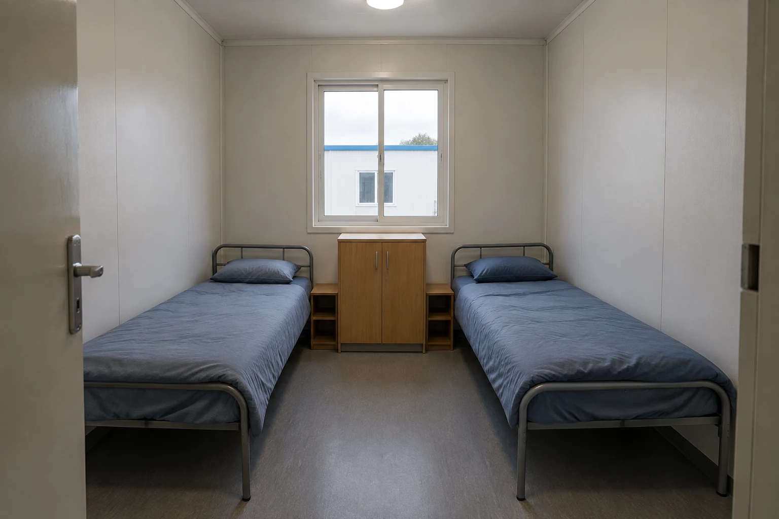 AI-generated shared accommodation interior concept with two single beds